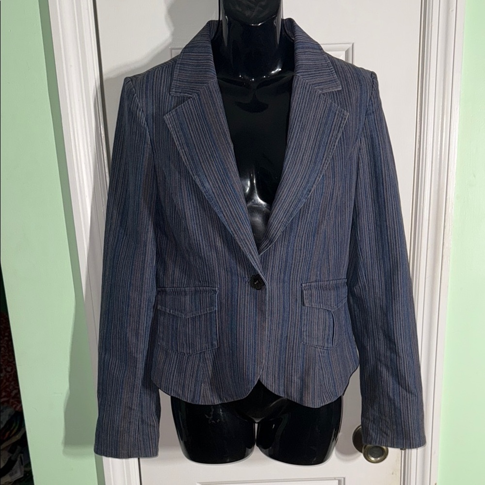 Intuitions Blue Striped Y2K Textured Boho Workwear Denim Blazer Jacket Size 8